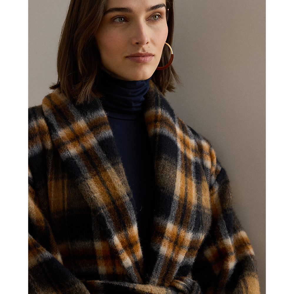 LRL Plaid Wool-Blend Shawl-Collar Wrap Coat/Kaput 200P07845001