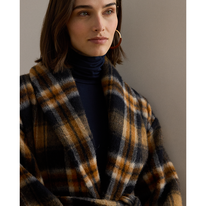 LRL Plaid Wool-Blend Shawl-Collar Wrap Coat/Kaput 200P07845001