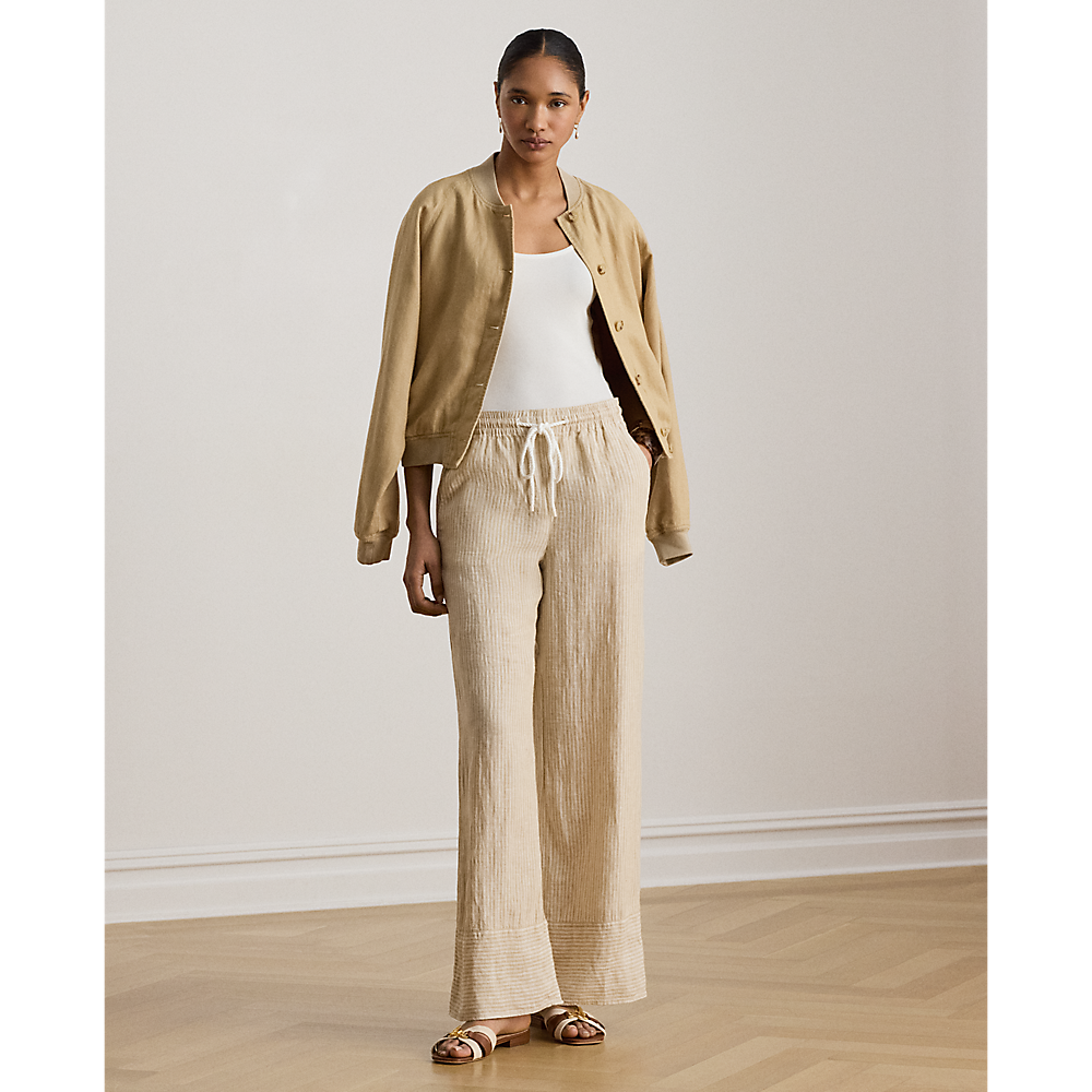 LRL Striped Linen Wide-Leg Trousers/Hlače 200P14001001
