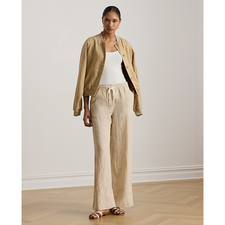 LRL Striped Linen Wide-Leg Trousers/Hlače 200P14001001