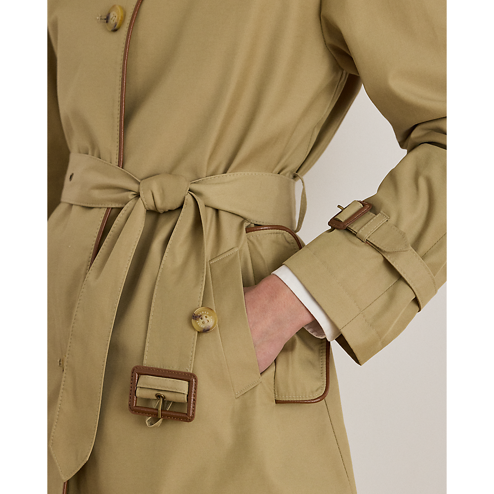 LRL Faux-Leather-Trim Trench Coat/Baloner 297979525001