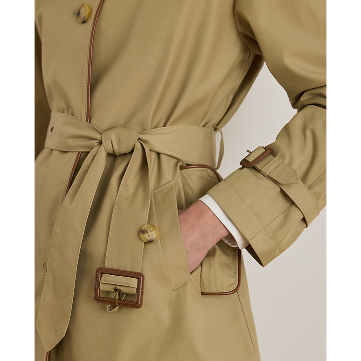 LRL Faux-Leather-Trim Trench Coat/Baloner 297979525001