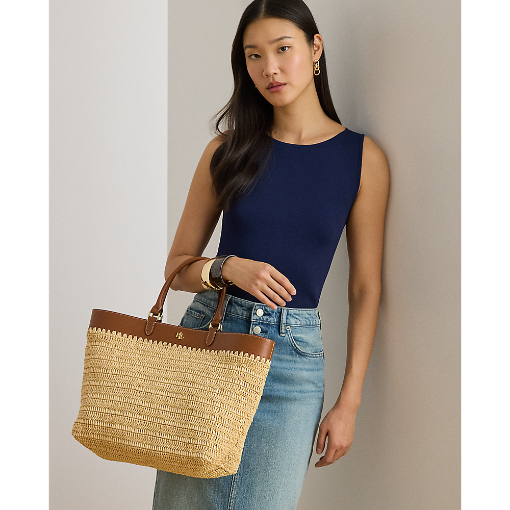 LRL Leather-Trim Straw Large Kyla Tote Bag/Torba 431982183001
