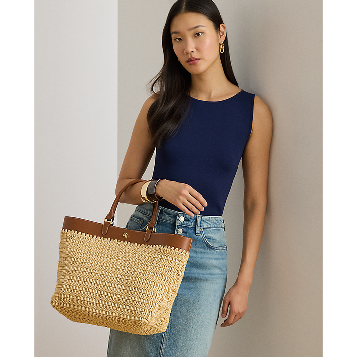 LRL Leather-Trim Straw Large Kyla Tote Bag/Torba 431982183001