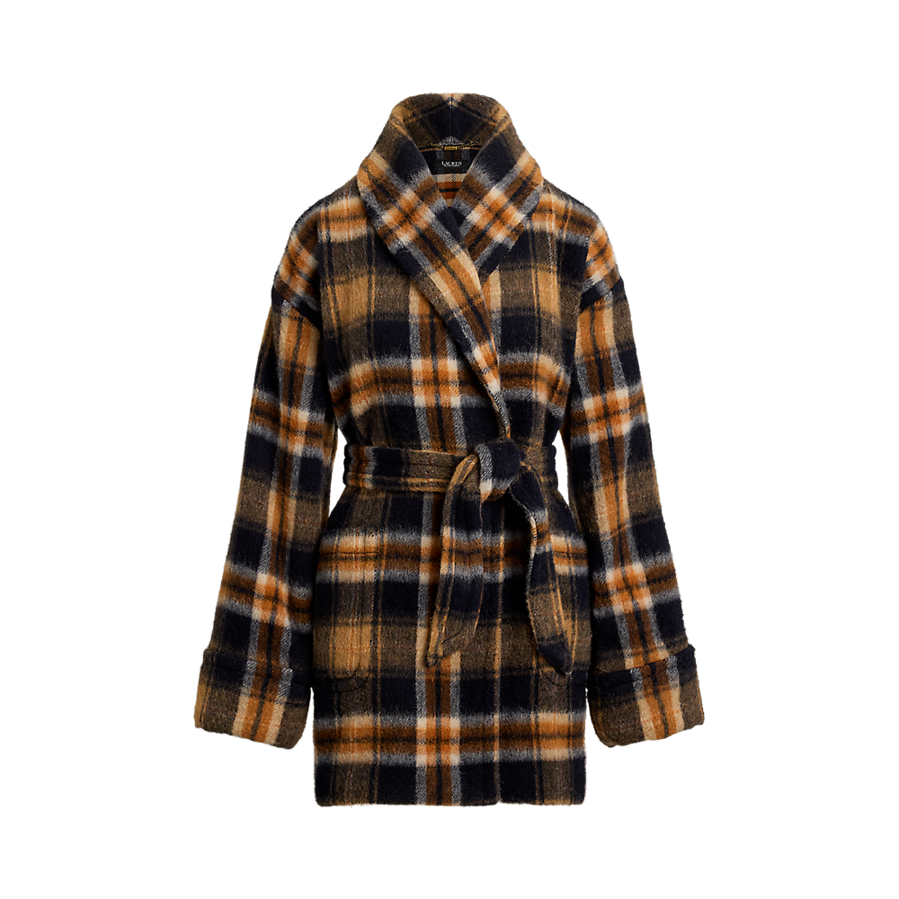 LRL Plaid Wool-Blend Shawl-Collar Wrap Coat/Kaput 200P07845001