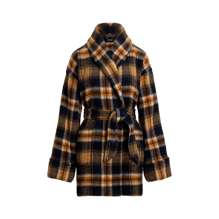 LRL Plaid Wool-Blend Shawl-Collar Wrap Coat/Kaput 200P07845001