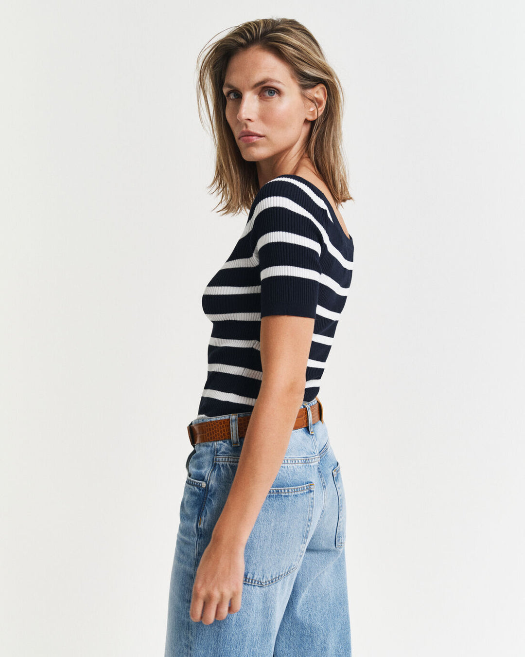 GANT Striped Rib Knit Off Shoulder Ss/Pulover 4805333